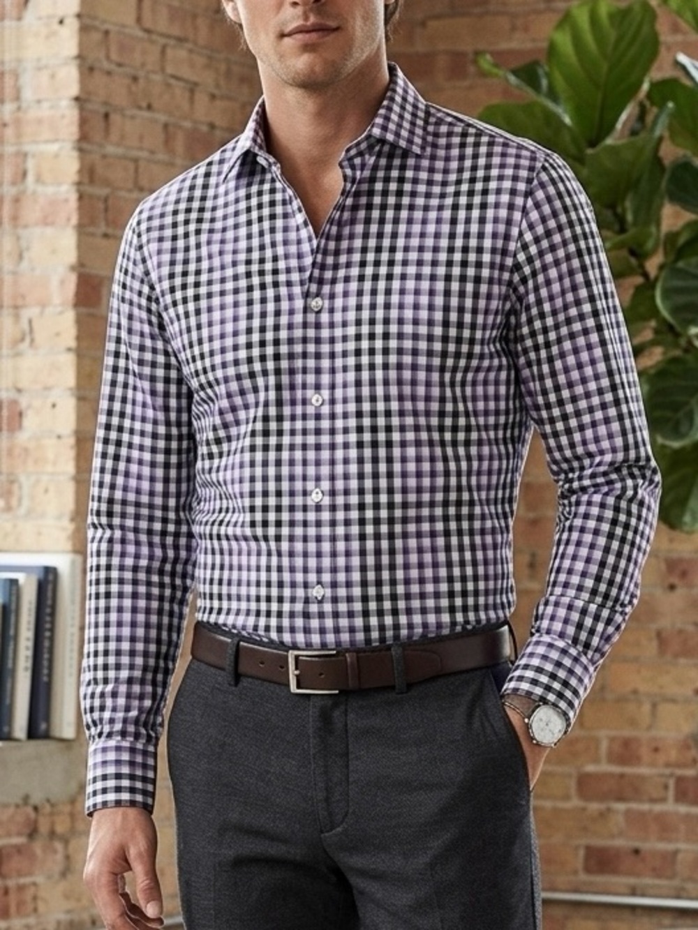 Michael Kors Purple, Black & White Gingham Button Shirt